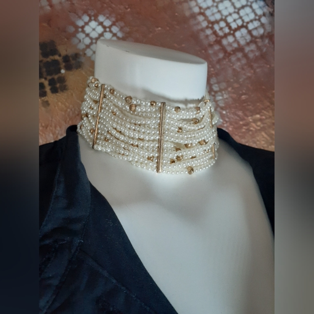 Zara Cream Pearl Multi-Row Choker with Gold Accents - Picture 5 of 14